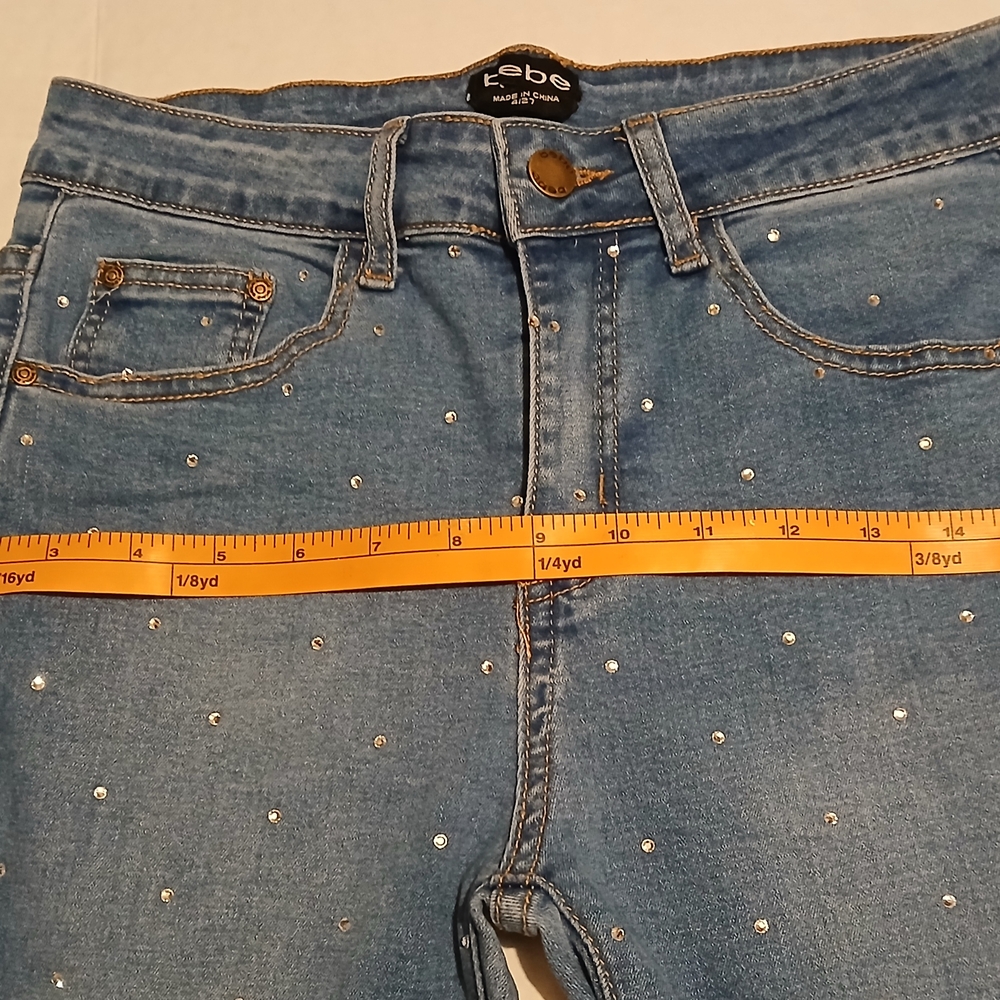 Bebe Woman's Straight Leg Mid Rise Jeans Rhinestone Size 27 Blue Denim Jeans #5A - Picture 4 of 16